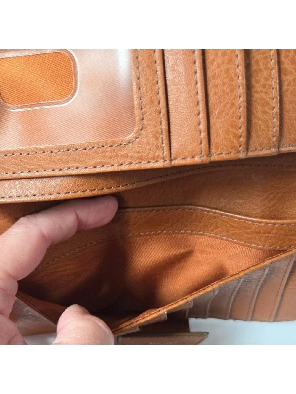 Fossil Womens Wallet Brown Leather Bifold Geometric Contrast Stitching Boho